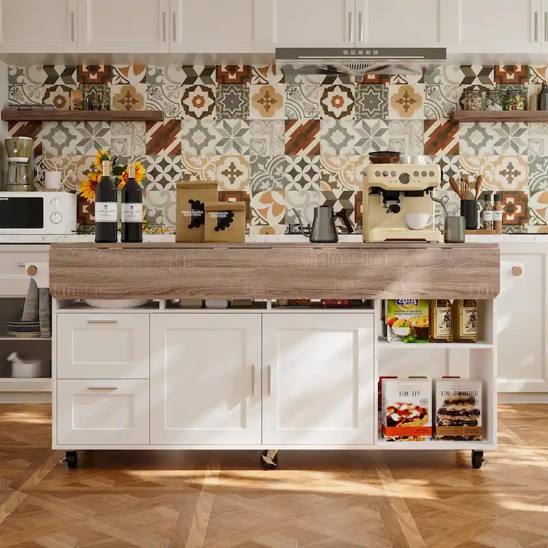 Rolling Kitchen Island Cart with Flip-Top Table, 2 Drawers, 2 Cabinets, and Towel Rack Buffet Sidboard