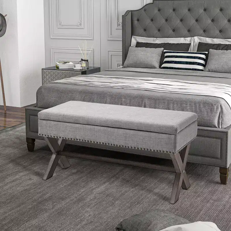 HOMCOM 35.75 Rectangle Fabric Shoe Bench Storage Ottoman with Soft Sponge Cushion, for Living Room, Entryway, or Bedroom, Gray