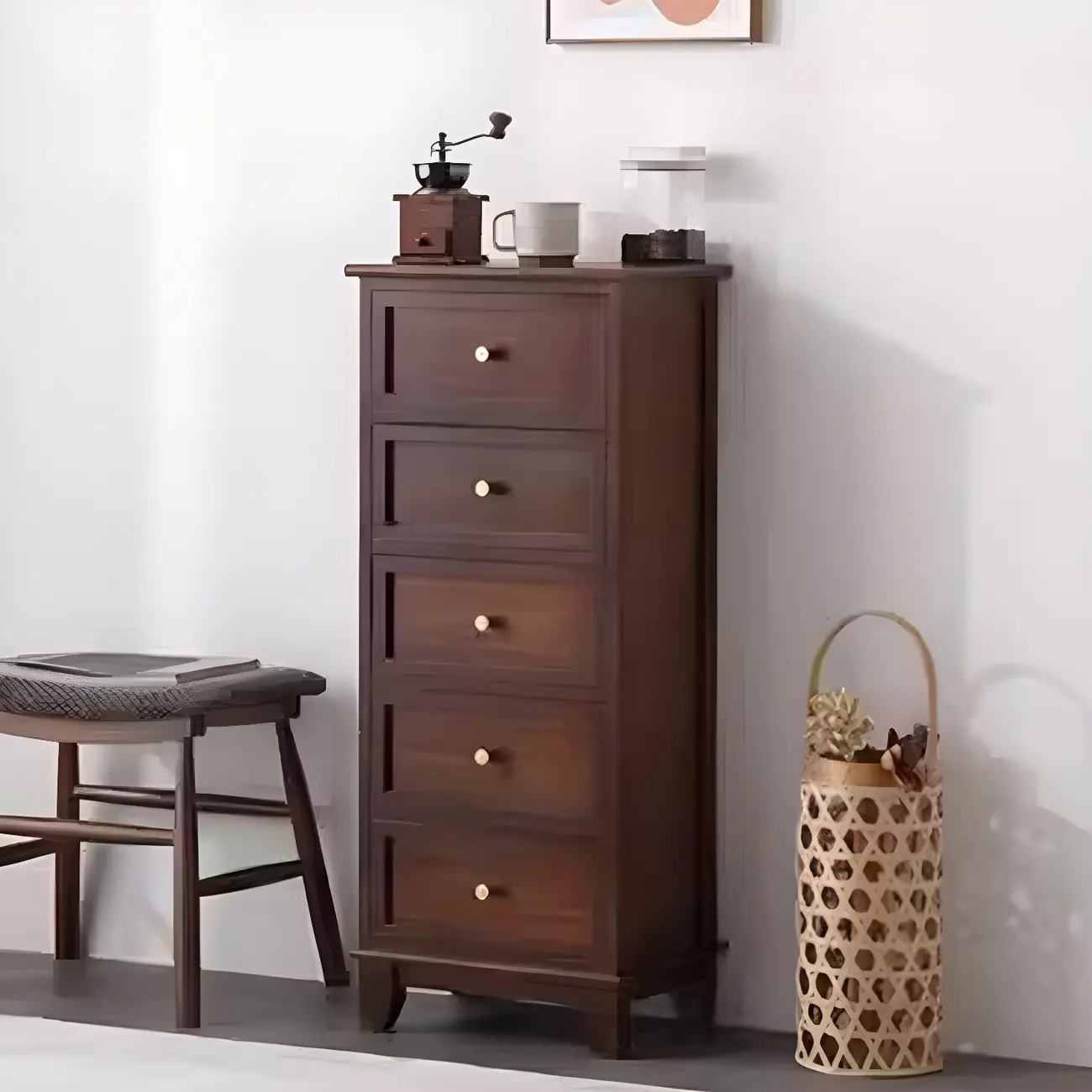 Industrial Rectangular Brown Wooden Drawer Cabinet