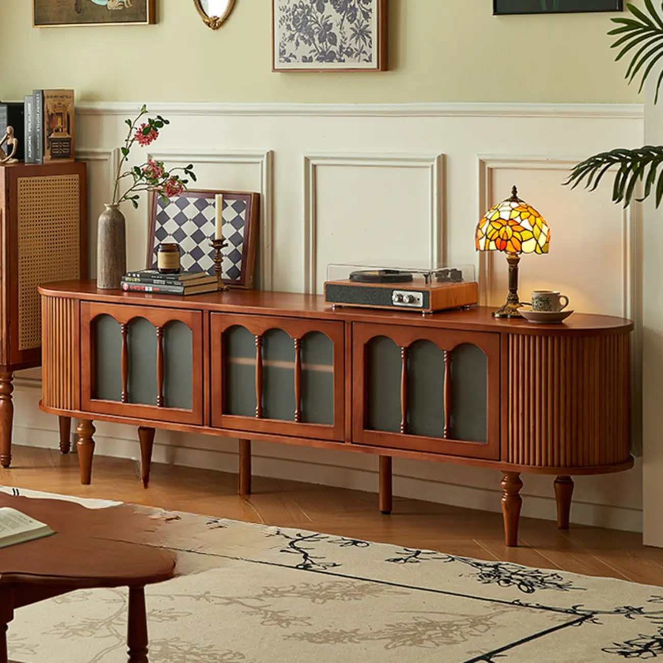 Art Deco Modern Wood TV Stand with Cable Management