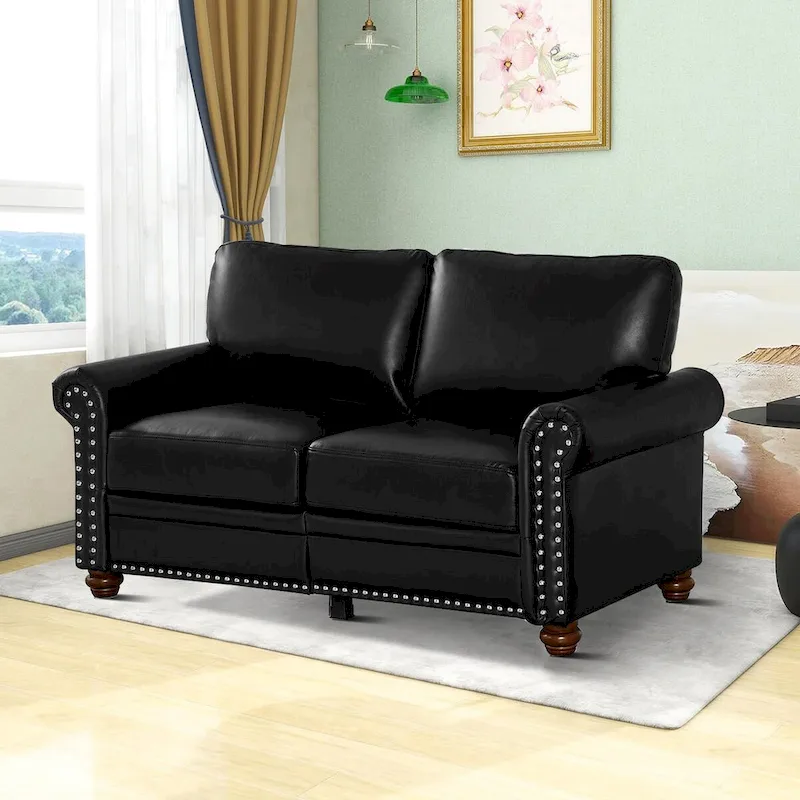 European Vintage PU Upholstered Sofa with Underseat Storage Boxes