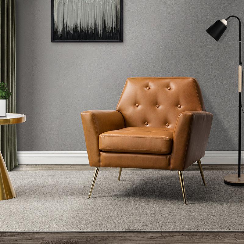PU Leather Button-Tufted Accent Armchair with Gold Metal Legs & Removable Cushions | Camel / Navy / Black / Turquoise / Sage / Grey | Single Seat