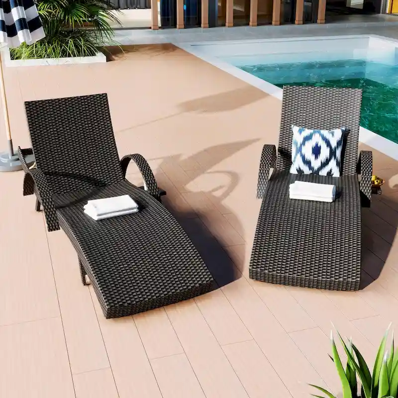 80  Outdoor Wicker Chaise Lounge Chairs Set of 2, Patio Rattan Reclining Chair Pull-out Side Table Adjustable Backrest