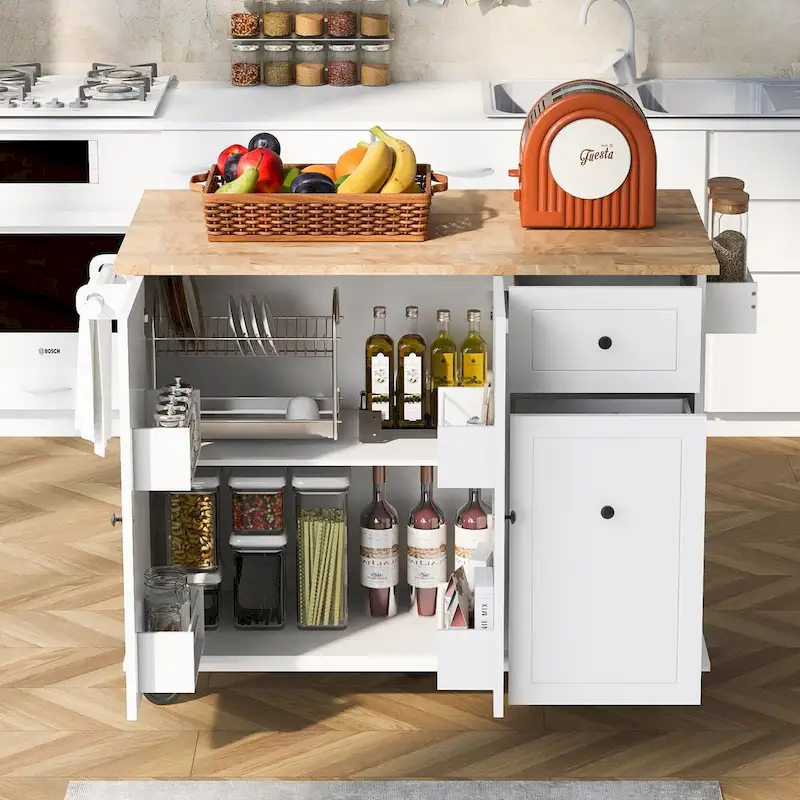 Kitchen Island with Drop Leaf,with Spice Rack, Towel Rack