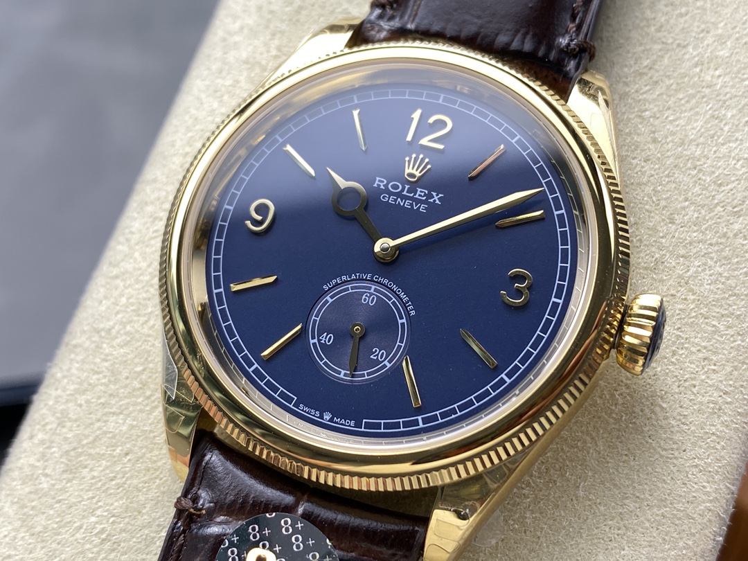 Blue dial close-up of Rolex 1908 replica with small seconds sub-dial