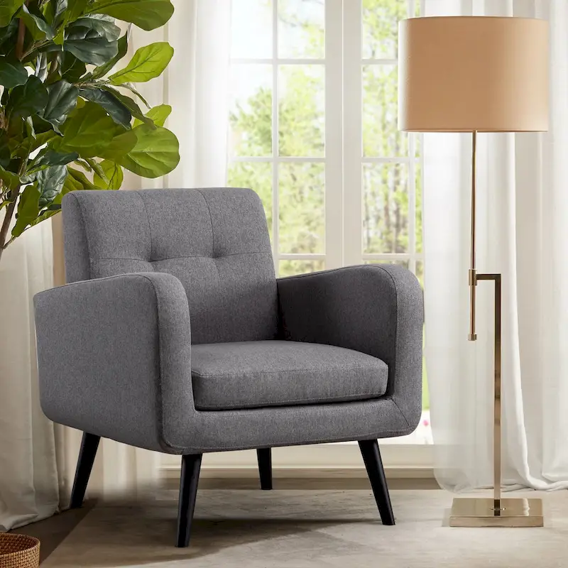 Mid-Century Modern Accent Chair with Tufted Back, Armrests, Polyester Fabric Upholstery, 29.75