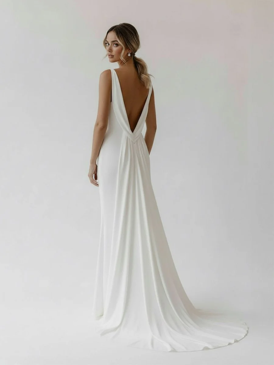 Mermaid Deep V-Neck Backless White Wedding Dress