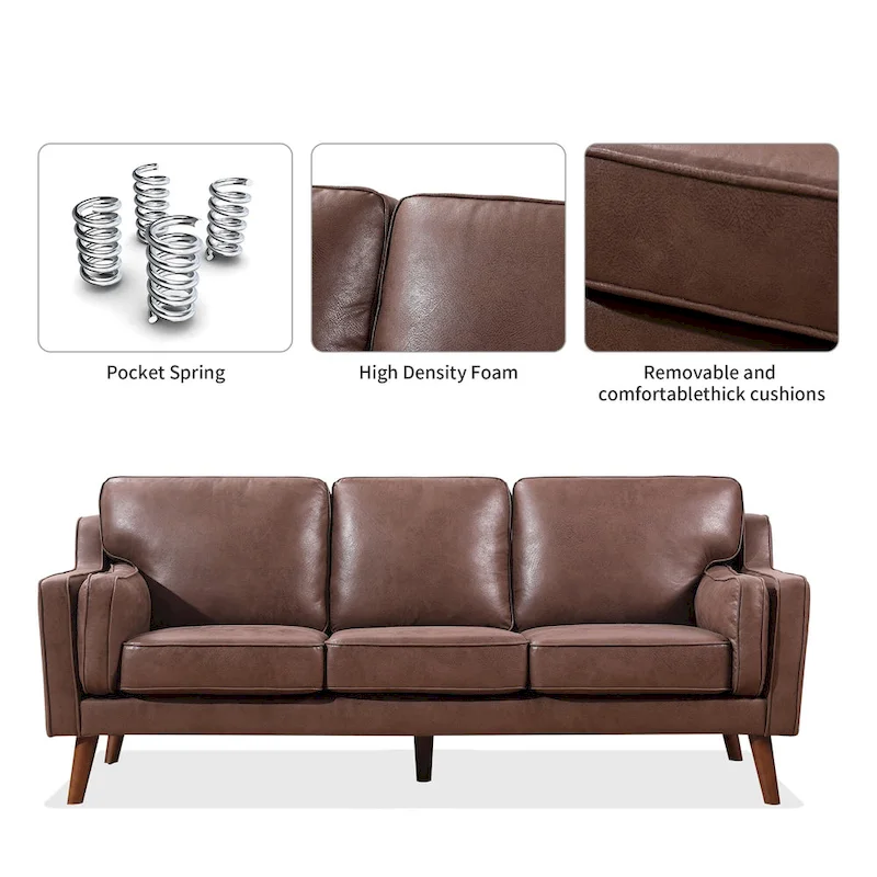 Brown Air Leather Mid-Century Sofa / Loveseat with Track Arms – Modern Style, Seats 2–3