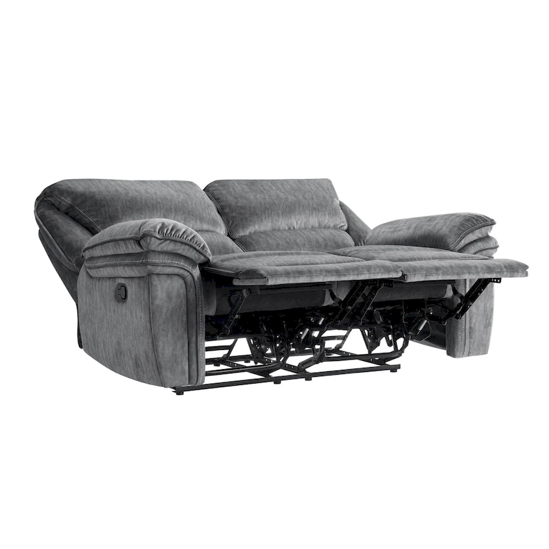 Muir 65 Inch Manual Recliner Loveseat, Tufted Gray Microfiber, Solid Wood