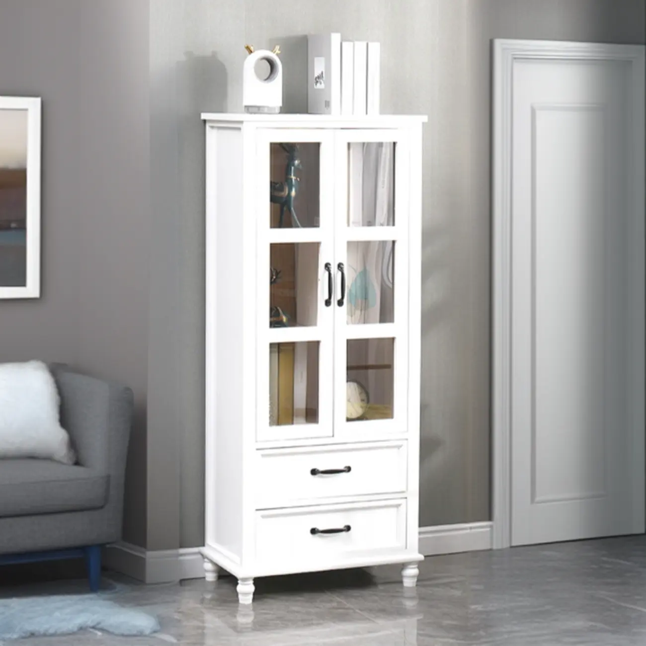 Freestanding Solid Wood White Cabinet with Drawers