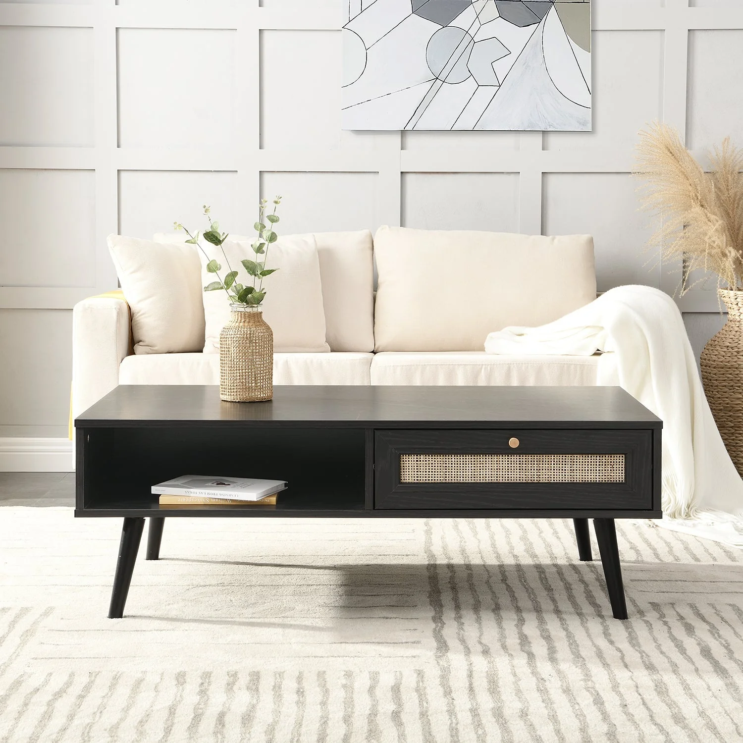 Woven Rattan Wooden Coffee Table in Black