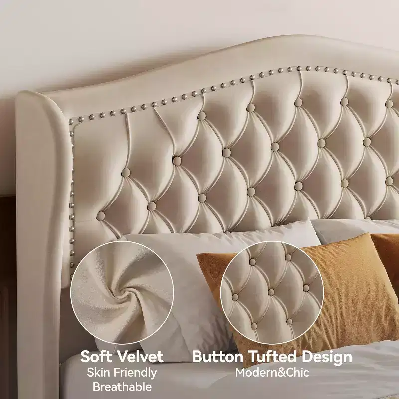 Dyonery Queen Velvet Bed Frame, 52.6 Wingback Tufted Headboard, 2 Drawers, No Box Spring