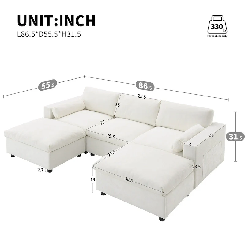 U Shaped Chenille Modular Sectional Cloud Sofa with 2 Ottoman, Pillows