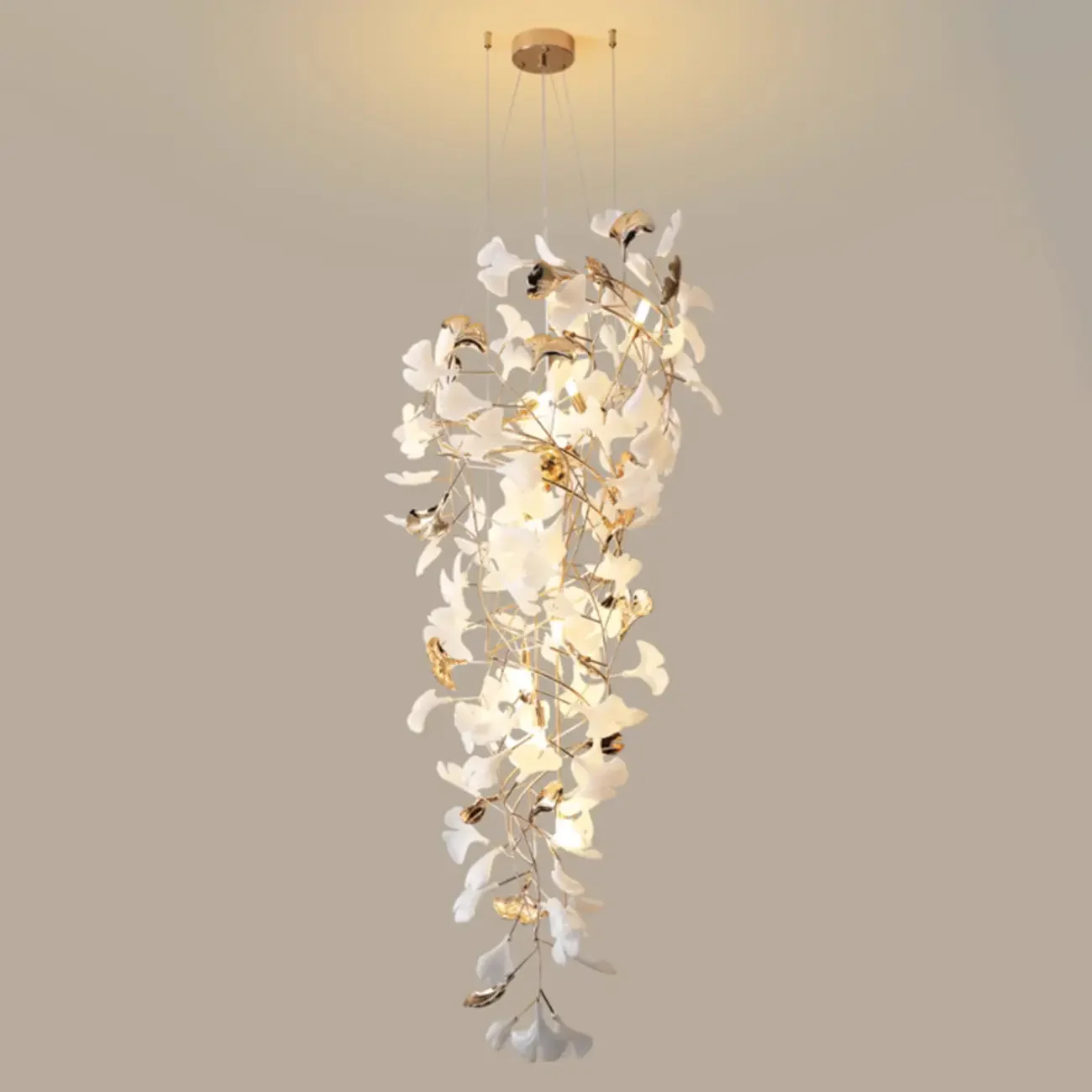 Elegant White Ginkgo Leaf Golden Stairwell Chandelier