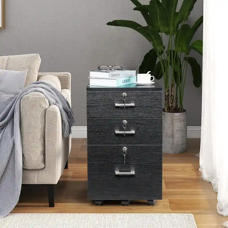 3-Drawer Rolling Wood File Cabinet with Lock