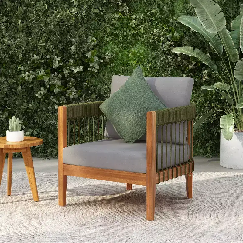 Acacia Wood Outdoor Club Chair with Handwoven Rope Accents and Curved Backrest, Removable Cushions, for Patio