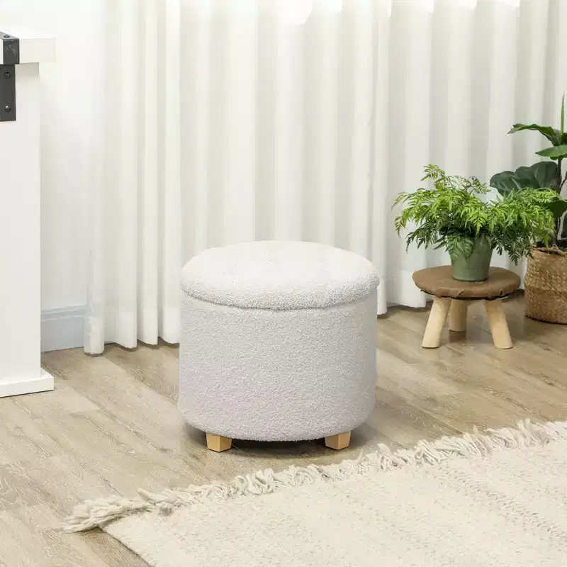 HOMCOM 18 Round Ottoman with Storage, Teddy Fleece Button Tufted Bedroom Stool with Removable Lid and Wood Legs for Living Room, Hallway, White