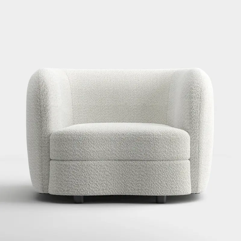 Modern Boucle Accent Chair with Curved Arms, Kidney Seat & Round Wood Legs