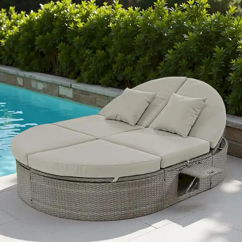 Outdoor Patio Rattan Round Daybed Sunbed with Adjustable Backrests and Foldable Cup Trays