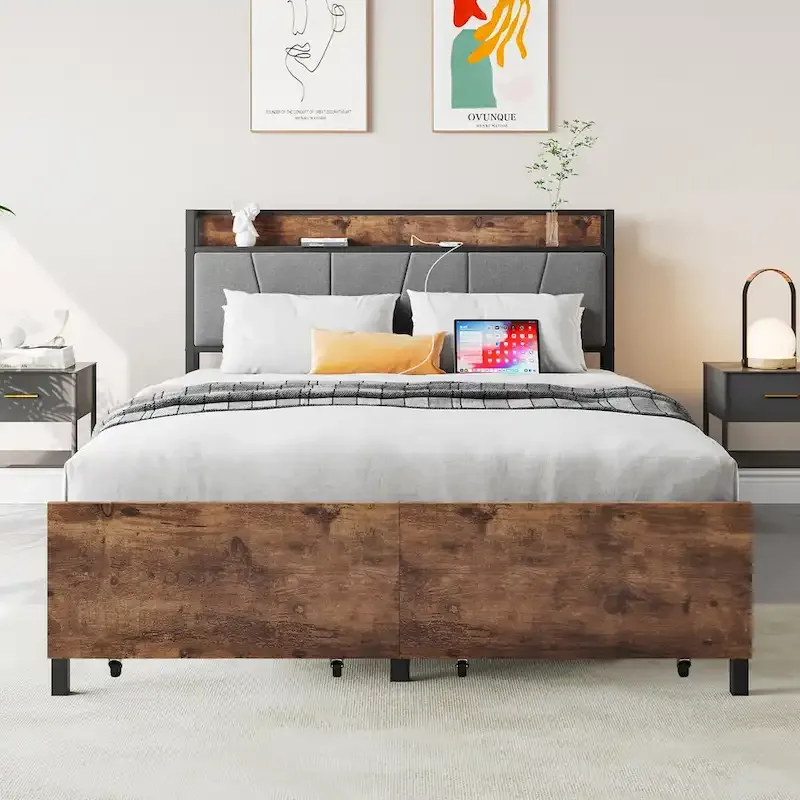 Storage Headboard Metal Bed Frame with 2 Drawers