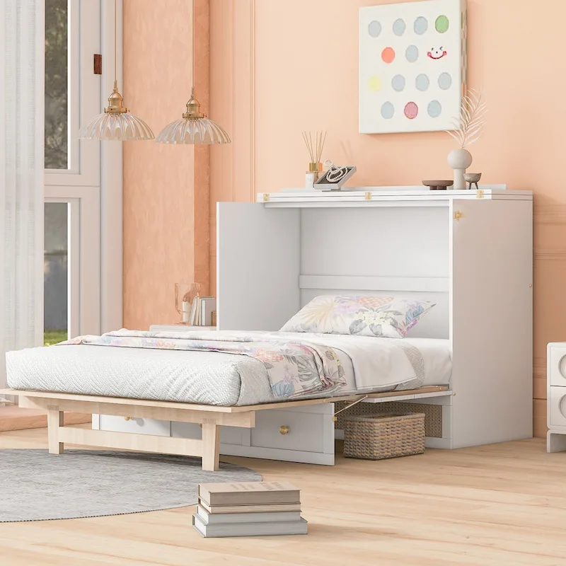 White Queen Size Murphy Bed with Storage Drawers