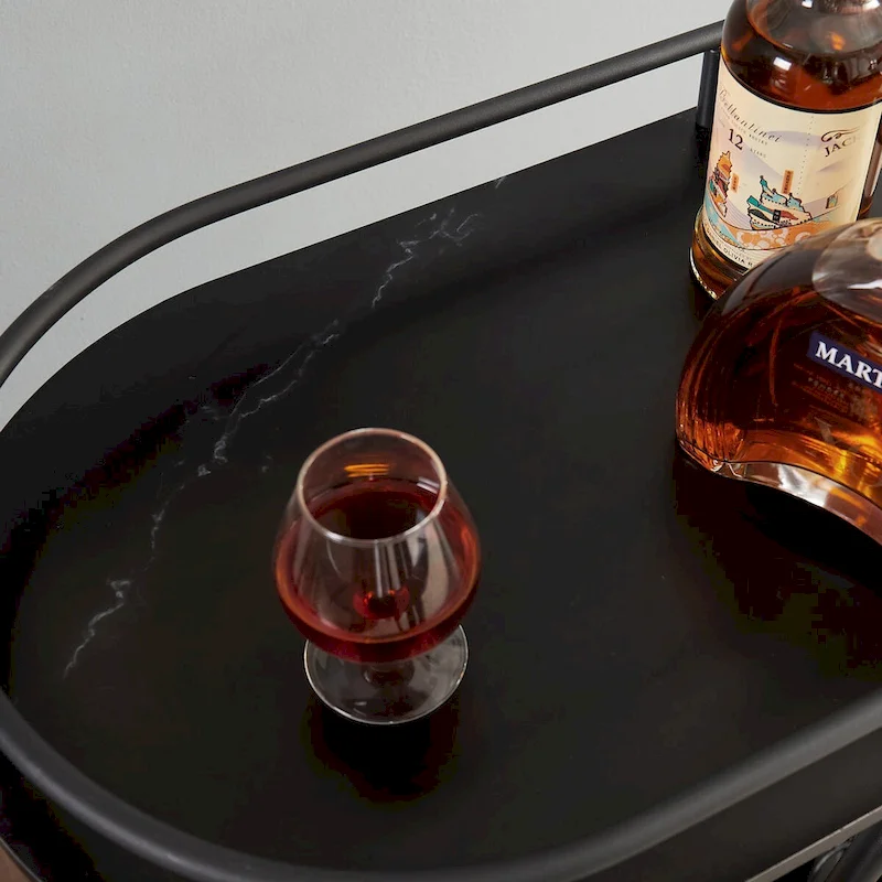 Black Wood Kitchen Cart with Wine Rack & Glass Holder Beverage Cart 2-Tier Mobile Bar Serving Cart Rolling Drink Trolley