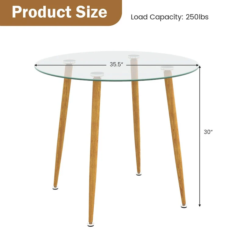 Clear Round Glass Dining Table with Metal Legs, Seats 2–4