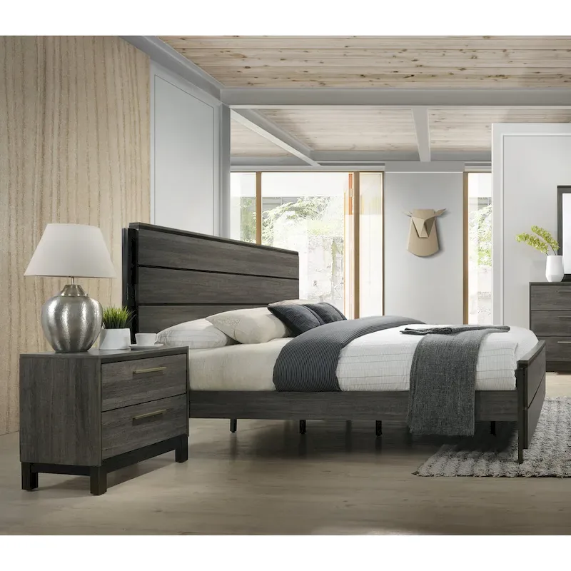 Ioana Antique Grey 3-Piece Wood Bedroom Set, Panel Bed and Two Nightstands