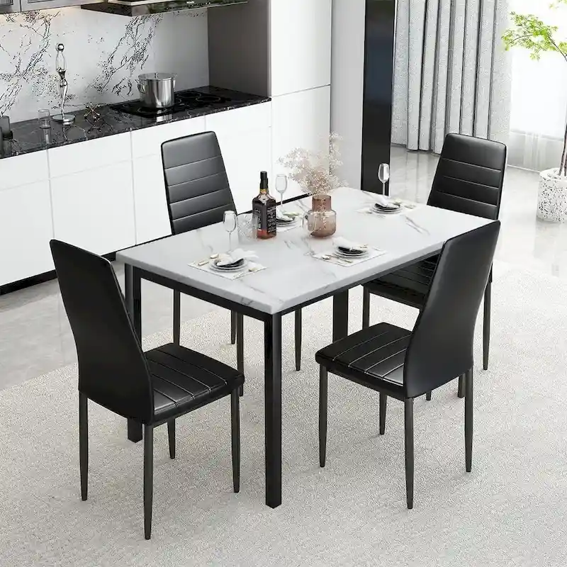 Mieres Modern Style 5-Piece Faux Marble Top Dining Table Set with 4 Faux Leather Upholstered Dining Chairs