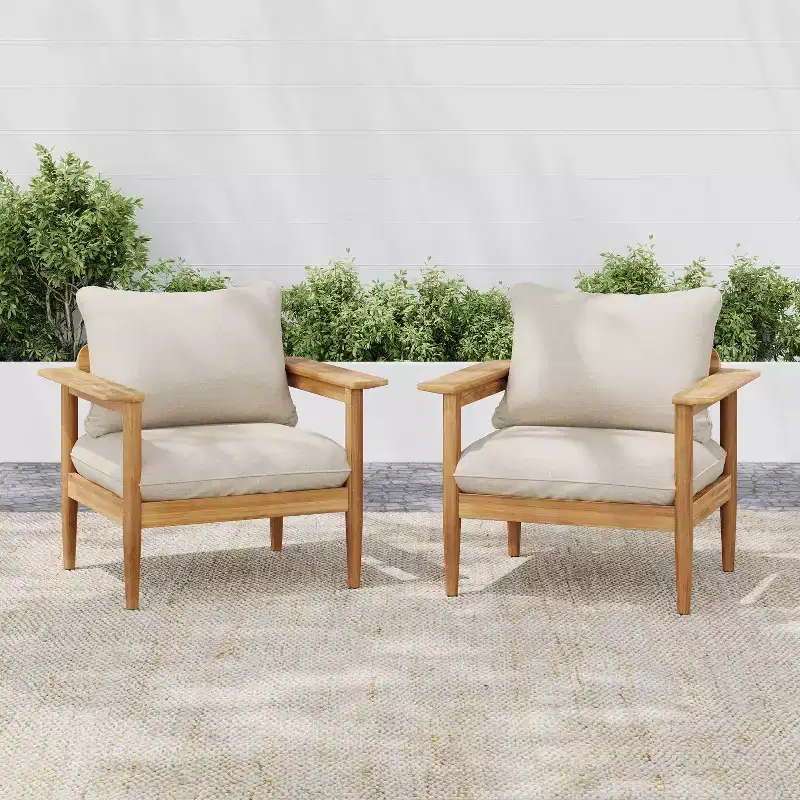 Christopher Knight Home Kari Patio Acacia Wood Slatted Club Chair with Water-Resistant Cushions, Beige/Light Teak