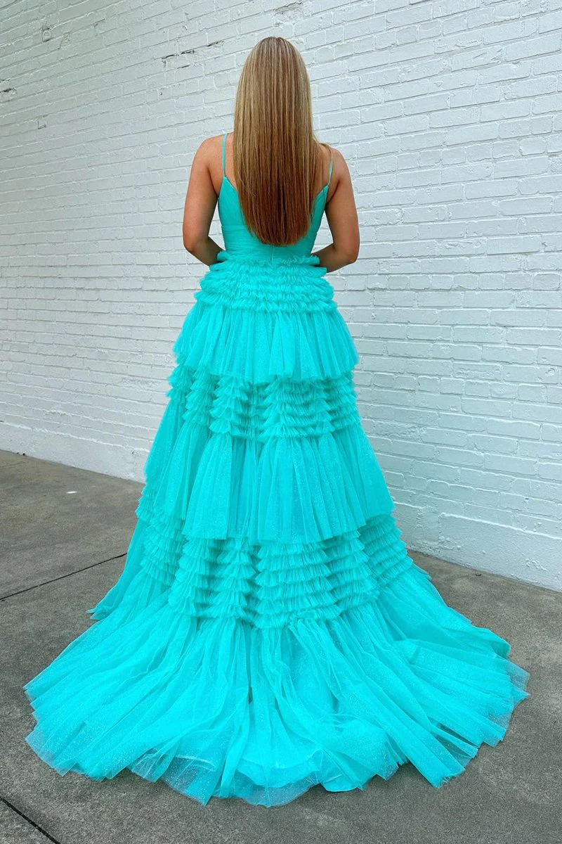 Tulle Deep V Neck Spaghetti Straps Long Prom Dress