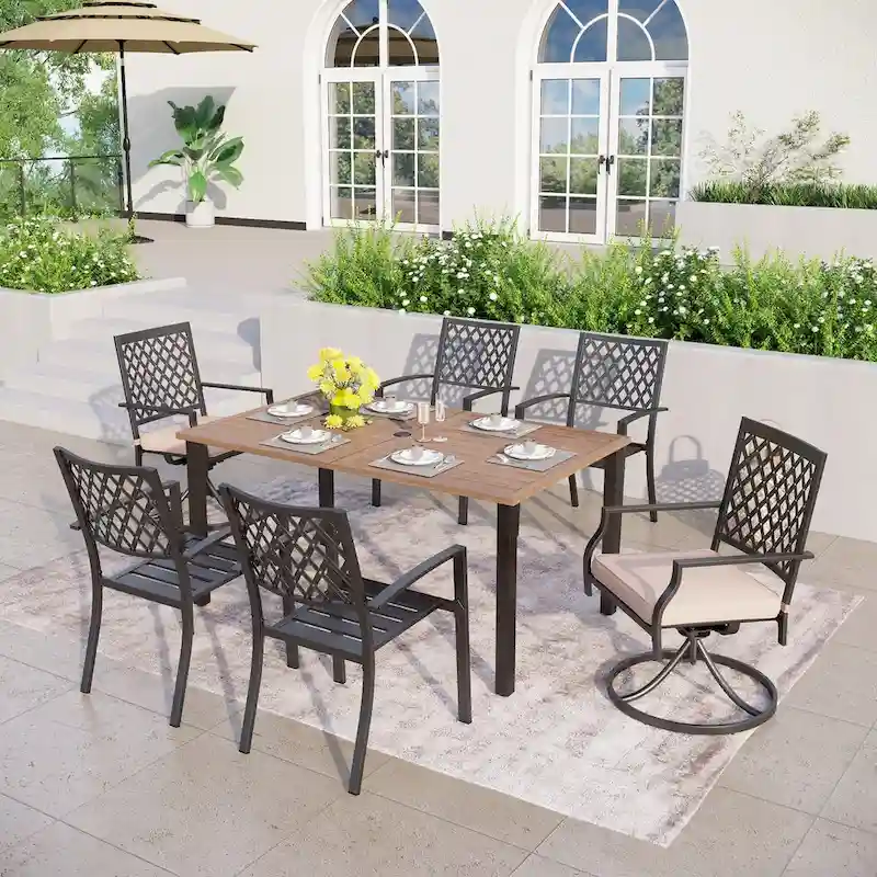 MAISON ARTS Patio Dining Set of 7 with Rectangular Brown Metal Dining Table and Metal Chairs