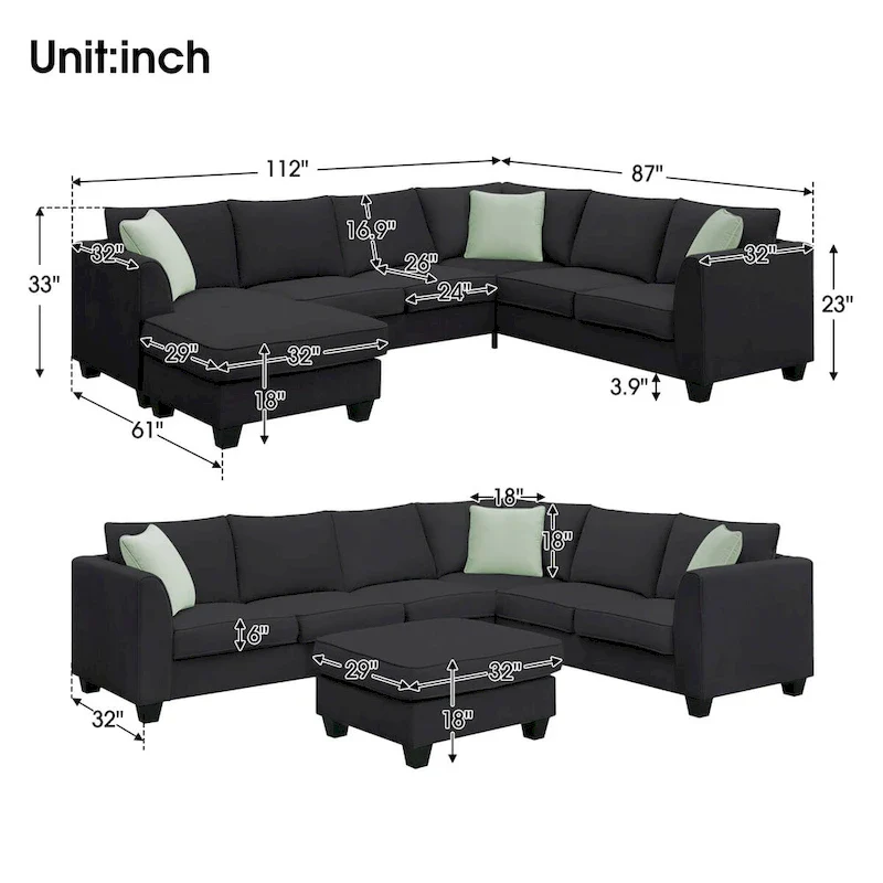 112-inch L-shaped 7-seat Modular Sectional Sofa with Ottoman and Three Pillows - 112W x 87D x 33H