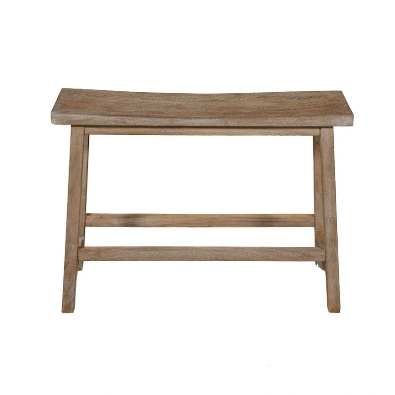 33 Inch Saddle Seat Bench with Angled Frame, Sandblasted Antique Brown Acacia Wood