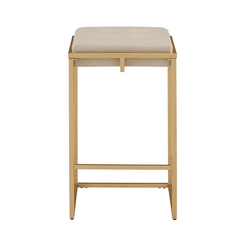 Backless Velvet Button-Tufted Bar Stool with Gold Metal Base & Footrest – Beige / Blue / Green, Counter / Bar Height