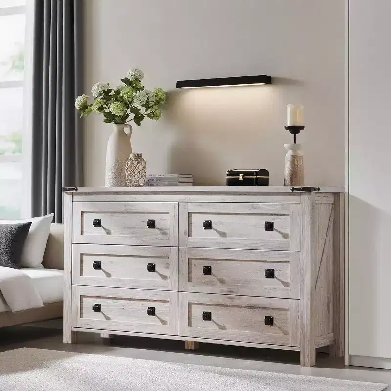 Farmhouse 6 Drawers Dresser, 54 Wide Wood Rustic Wide Chest of Drawers, Storage Dressers Organizer for Bedroom, Living Room, Hallway, Gray