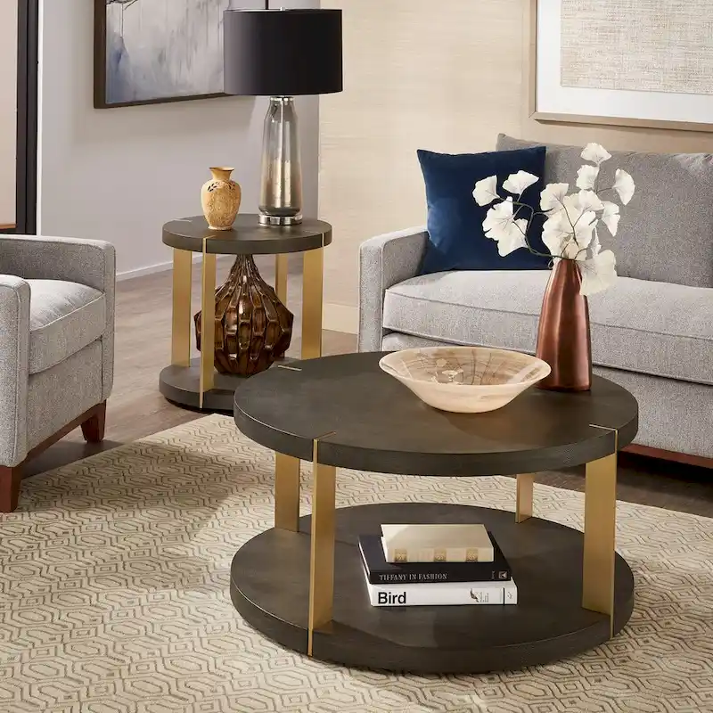Vennesla Gold Finish Metal Dark Brown Faux Shagreen Round Table Set by iNSPIRE Q Bold