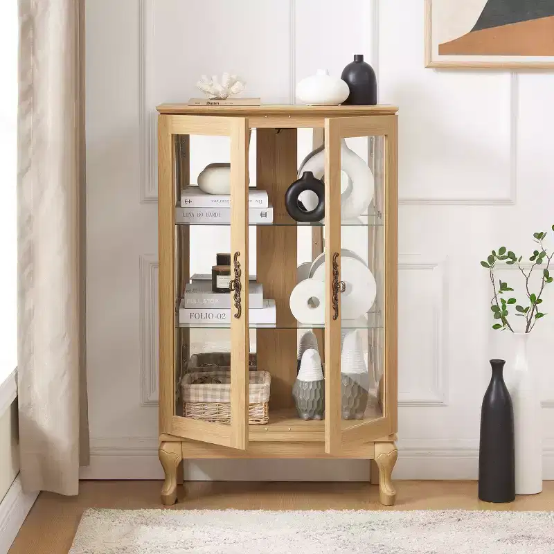 MAYEERTY Living Room TV Cabinet MDF+Tempered Glass 2 Soft-Close Drawers Open Shelves