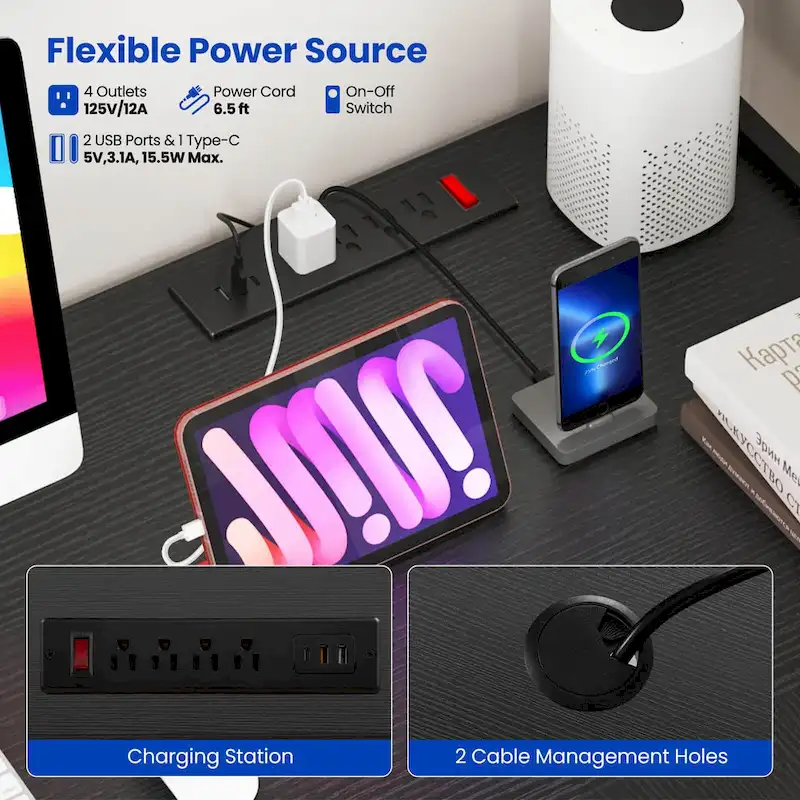 Costway L-Shaped Gaming Desk with LED Strip & Power Outlets Hutch - See Details