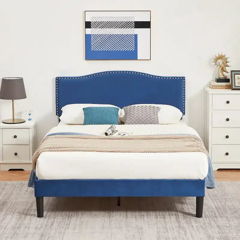 Upholstered Platform Bed Frame with Nailhead Headboard Twin Full Queen Size Bed-Blue