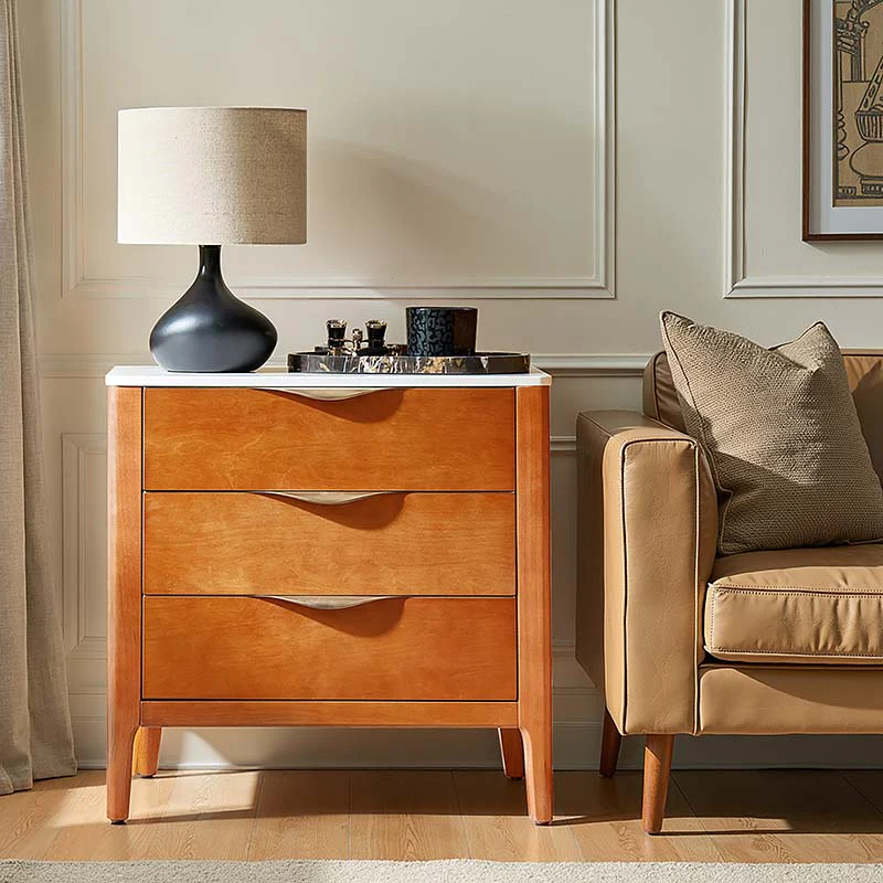 3-Drawer Nightstand with Marble Top, Power Outlet, USB Ports & Wood Veneer Finish | Acorn / Black | Single