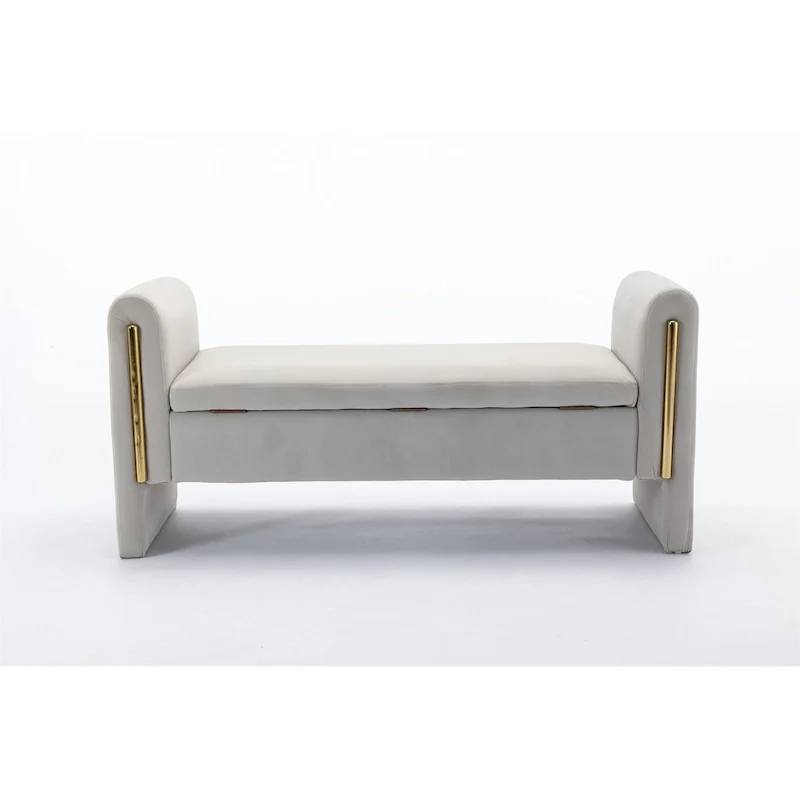 Light Grey / Ivory Velvet Storage Bench with Armrests & Gold Trim – Single