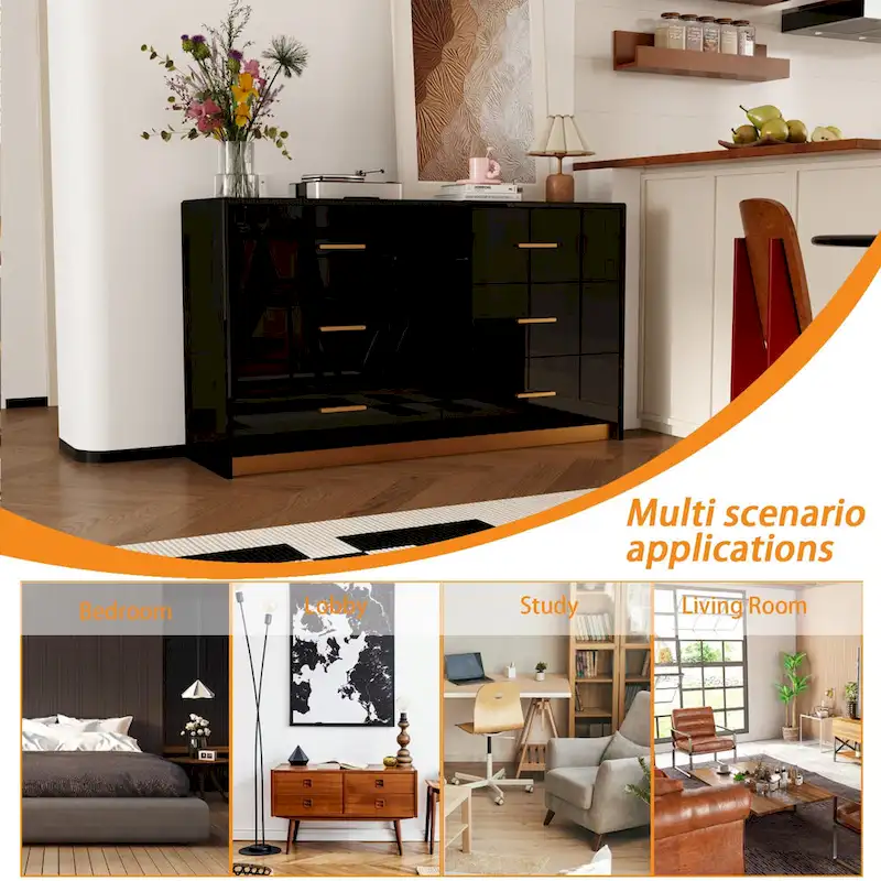 Black & Gold 6-Drawer Double Dresser, Glossy Finish