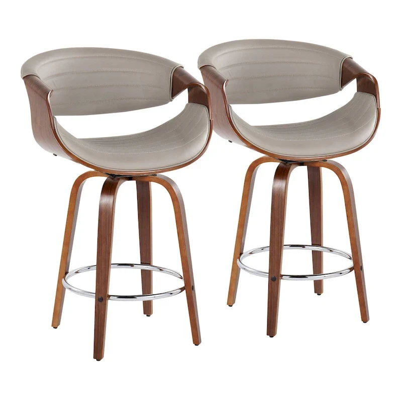 Faux Leather Counter Stool with Bent Wood Legs & Round Footrest (Set of 2)