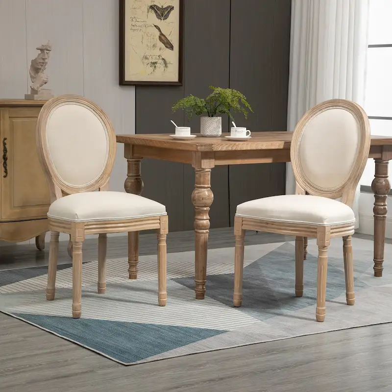 French-Style Upholstered Dining Chairs Set of 2 - Linen Armless Accent Chairs, Beige/Natural, 264 lbs Capacity