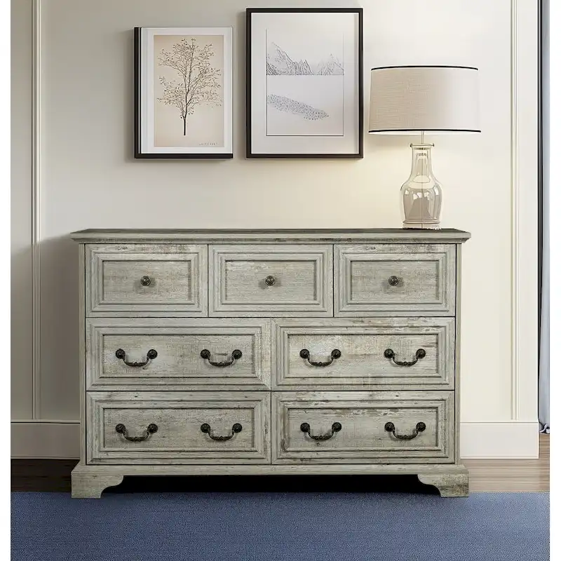 Ancient Oak / Antique Brown & White Farmhouse 7-Drawer Dresser, for Bedroom & Living Room