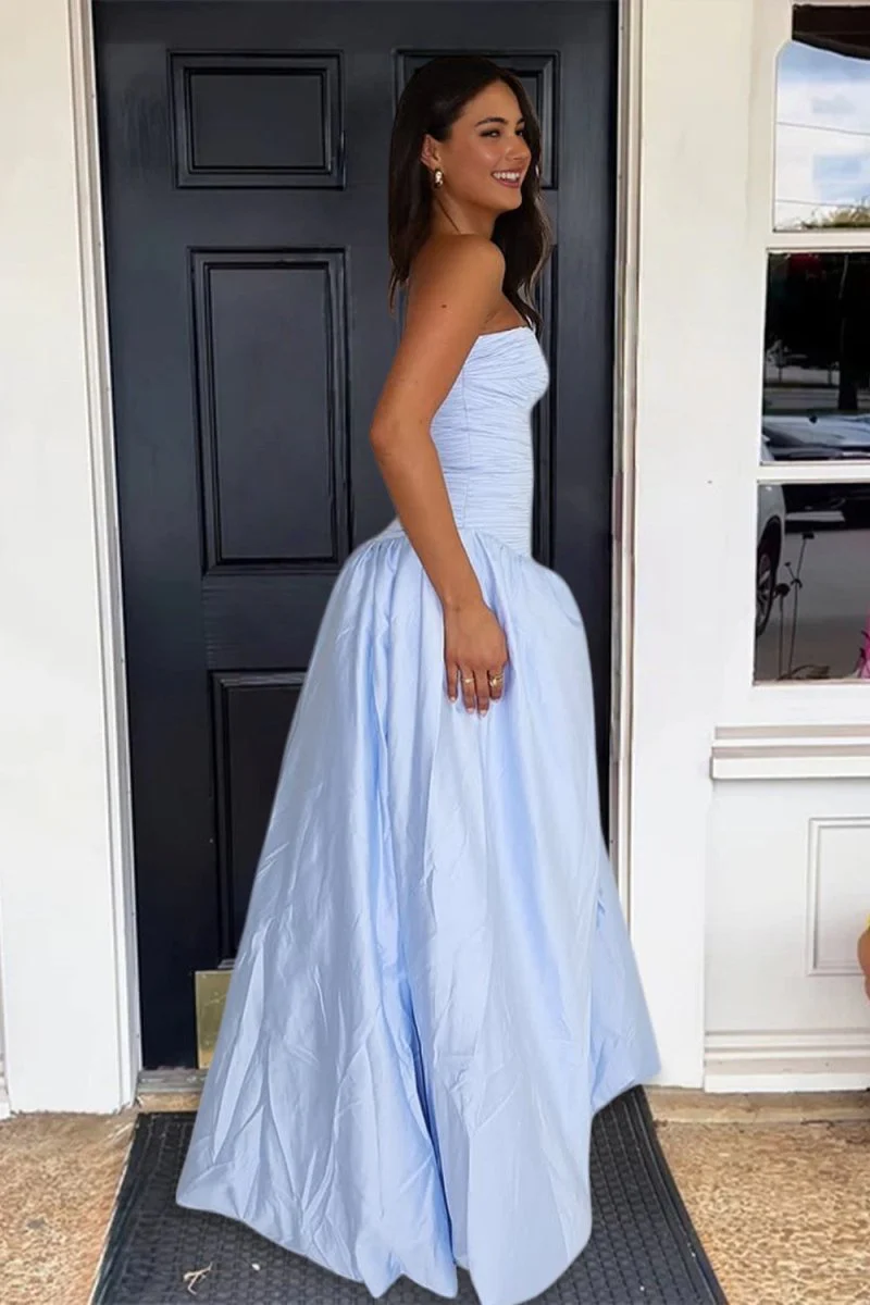 Sky Blue - Strapless A Line Satin Pleated Prom Dresses With Slit