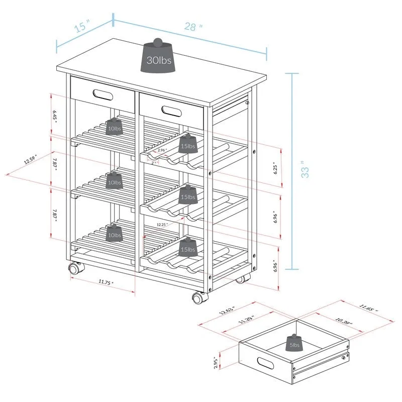 Solid Wood 4-Tier Rolling Kitchen Cart with Wine Rack and Drawer