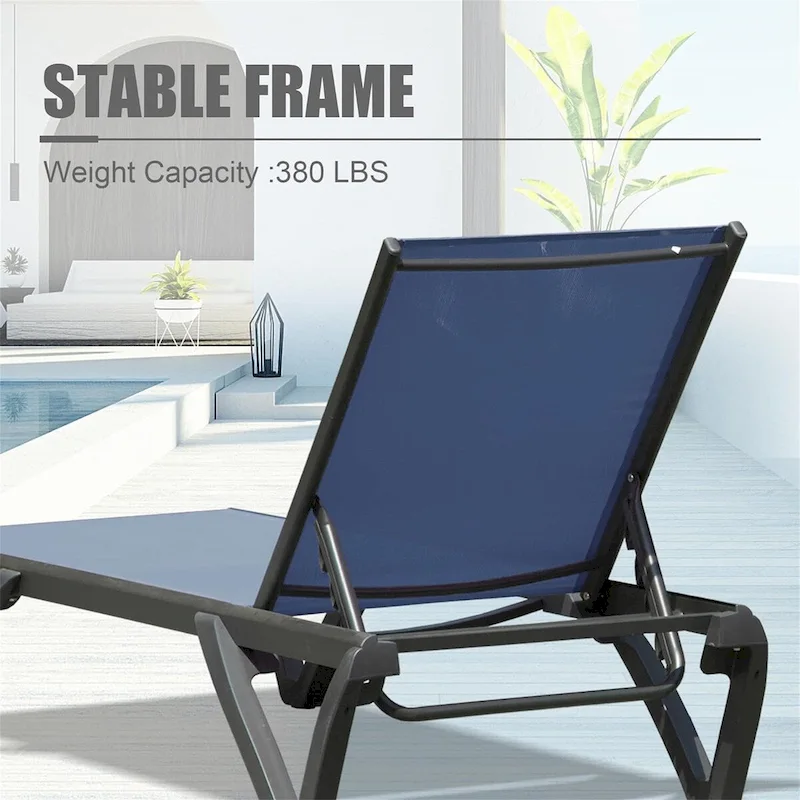 5 Adjustable Aluminium Outdoor Chaise Lounge Chairs in Navy Blue, 2 Lounge Chairs