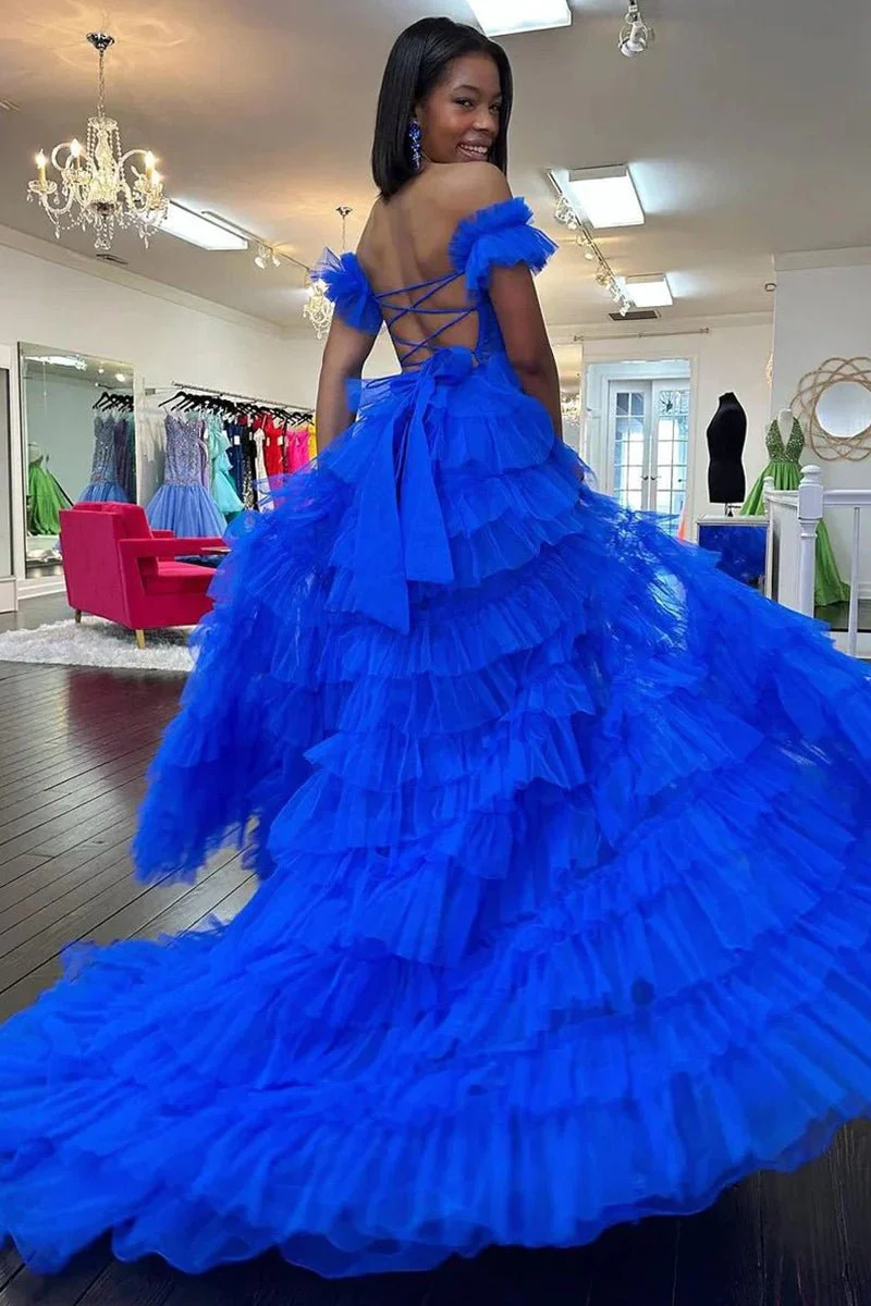 Royal Blue Off the Shoulder Ruffle Tiered Tulle Long Prom Dresses with Slit